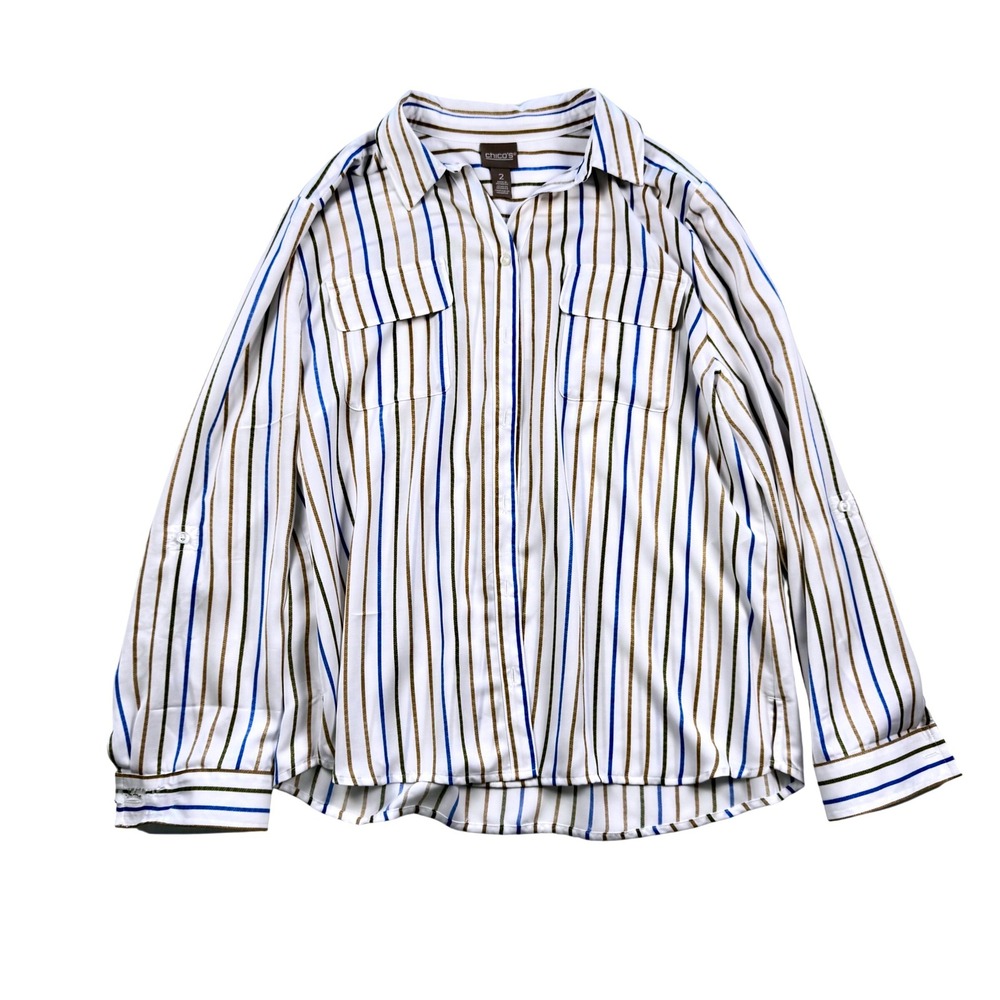 CHICOS Striped Button Down Shirt Women Size 2 Long Sleeve Roll‎ Tab